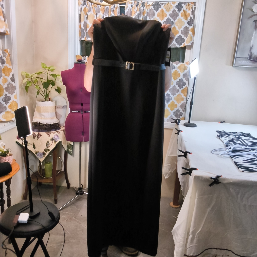 NWT B1CBG Black Long Formal Belted Zip-Up Dress With Back Slit. Size 14. UB